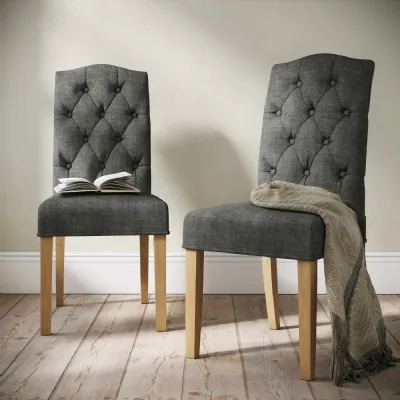 Charcoal Fabric Buttoned Back Dining Chair Light Wooden Legs