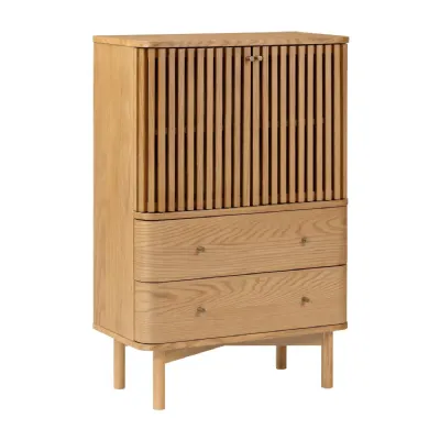 Natural Wood 2 Door 2 Drawer Tall Slatted Shoe Cabinet