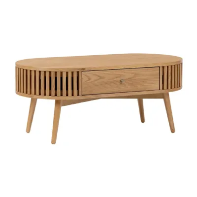 Oak 1 Drawer Oval Coffee Table Slatted Design