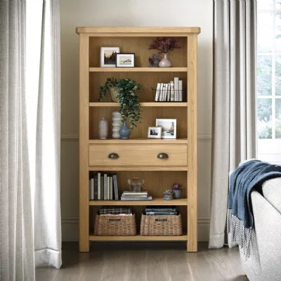 Country Chic Oak Large Open Bookcase with Drawer