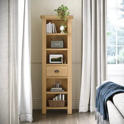 Oak 1 Drawer Slim Open Bookcase Cup Handle