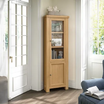 Oak Tall 2 Door Corner Narrow Display Cabinet