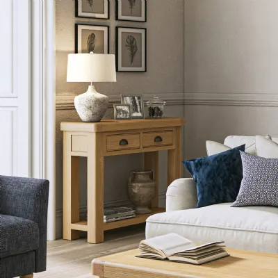 Country Chic Oak 2 Drawer Console Table Cup Handles