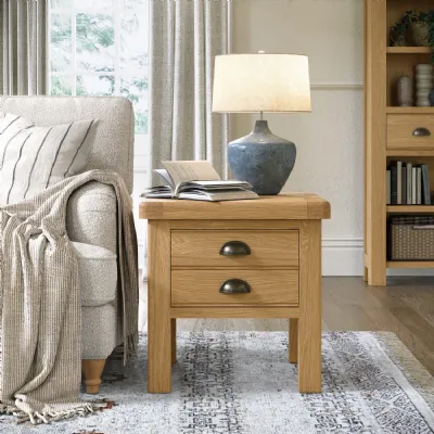 Oak 2 Drawer Small Lamp Table Cup Handles