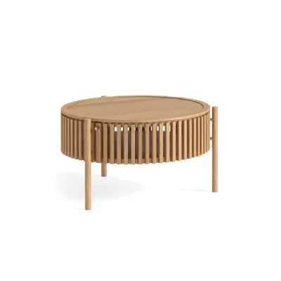 Natural Wood Slatted Round Coffee Table with Door