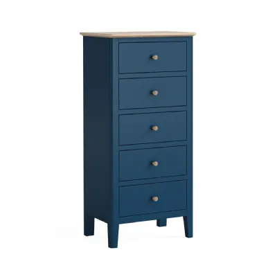 Navy Blue Wood Chest of 5 Drawers Oak Top Tallboy