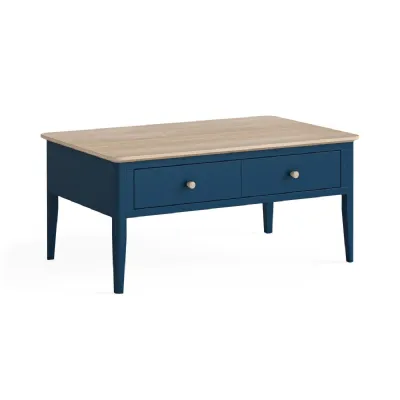 Navy Blue Wood 2 Drawer Coffee Table White Wash Wood Top