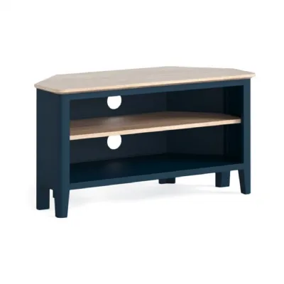 Navy Blue Wood Corner TV Media Unit White Wash Wood Top