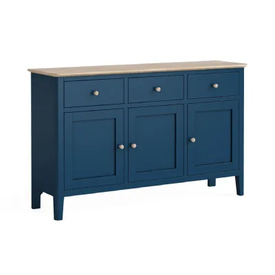 Navy Blue Wood 3 Door 3 Drawer Large Sideboard Oak Top