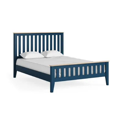Navy Blue Wood Double Slatted Low Footend Bed Oak Top