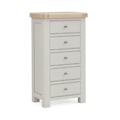 Grey Wood Tall Boy Chest of 5 Drawers Oak Top