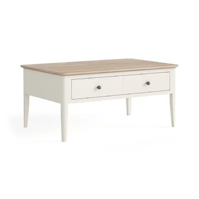 Coconut Milk Wood 2 Drawer Coffee Table White Wash Wood Top
