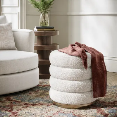 White Fabric Upholstered Geometric Round Footstool Gold Base