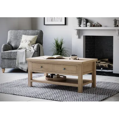 White Wash Oak 2 Drawer Coffee Table with Shelf