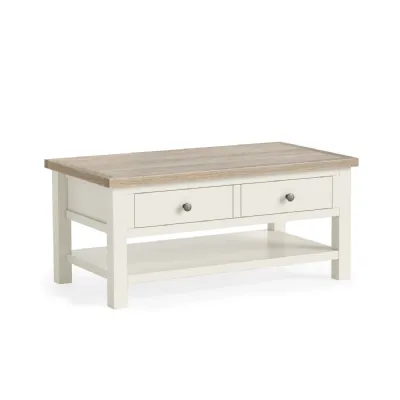 Coconut Wood 2 Drawer Coffee Table with Oak Top and Shelf
