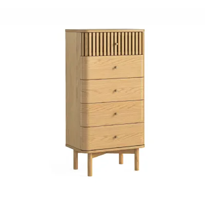 Natural Wood Slatted Chest of 5 Drawers Tallboy