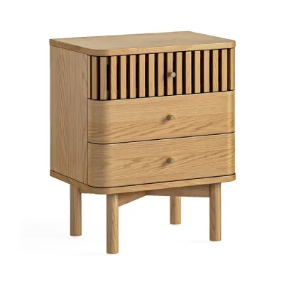Natural Wood 3 Drawer Bedside Table Slatted Front