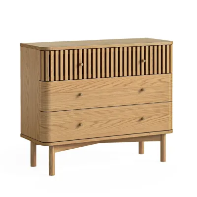 Natural Wood Large Chest of 3 Drawers Slatted Front