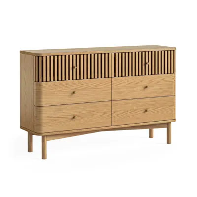 Natural Wood Large Slatted Chest of 6 Drawers