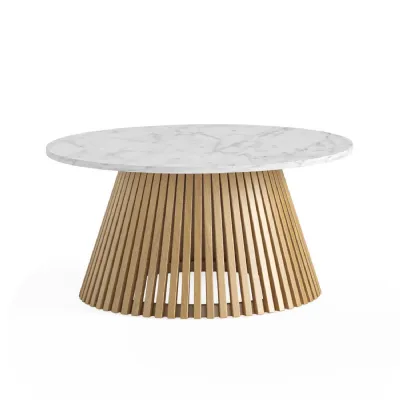 Natural Oak Slatted Round Coffee Table Marble Top