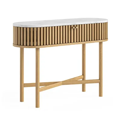 Oak 2 Door Slatted Oval Console Table Marble Top