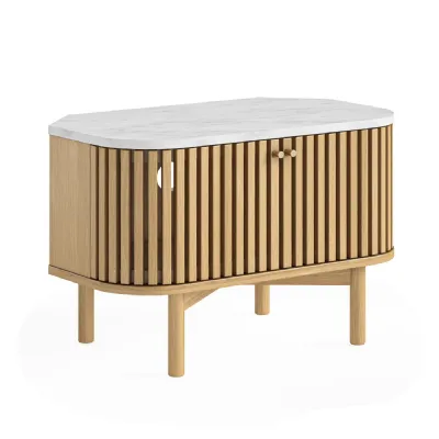 Oak 2 Door Slatted Small Corner TV Media Unit Marble Top
