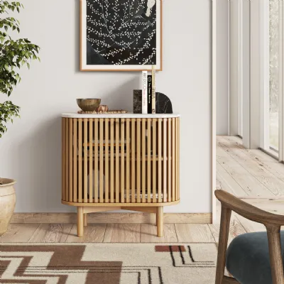 Oak 2 Door Slatted Design Small Cupboard Marble Top