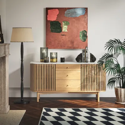 Oak 2 Door 3 Drawer Slatted Sideboard Marble Top