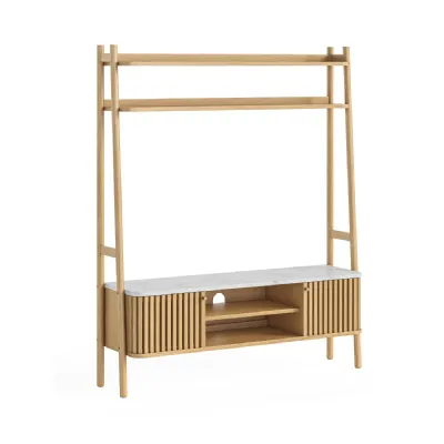 Natural Oak 2 Door Ladder TV Unit Cabinet Marble Top