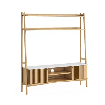 White Marble Top Natural Wood 2 Door Slatted Larder TV Unit