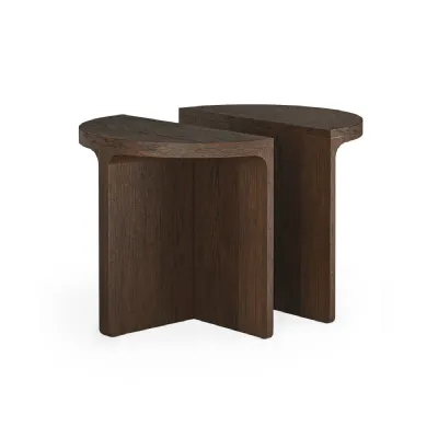 Sandblasted Dark Oak Half Moon Nest of 2 Tables Wooden Top