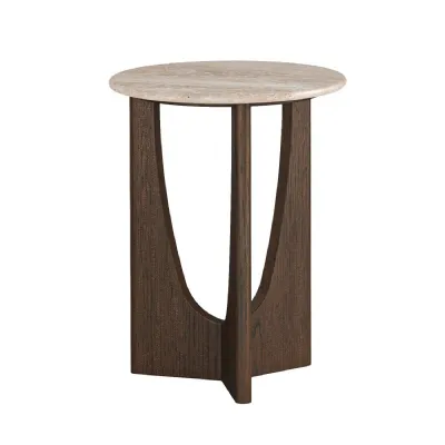 Dark Brown Oak Geometric Side Table Travertine Round Top