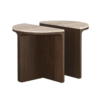 Dark Oak Half Moon Nest of 2 Tables Travertine Tops