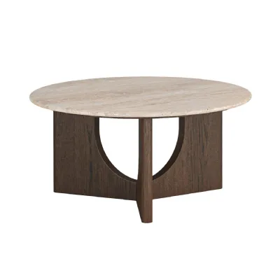 Dark Oak Round Coffee Table Travertine Marble Top