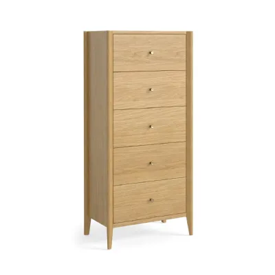 Light Oak Chest of 5 Drawers Tallboy Brass Knobs