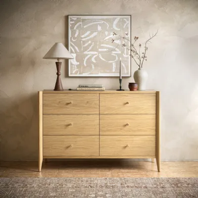 Oak Wide Chest of 6 Drawers with Brass Knobs