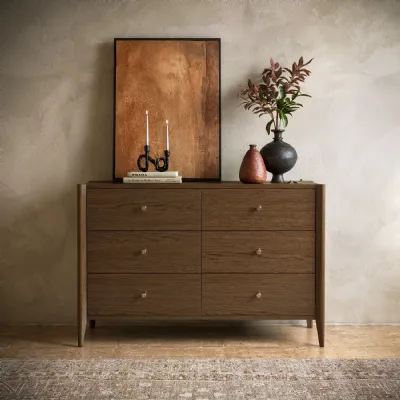 Brown Oak Wide Chest of 6 Drawers with Brass Knobs