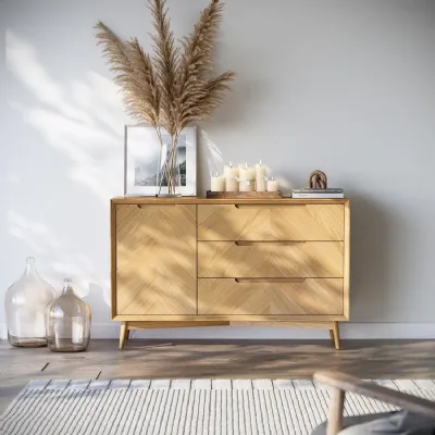Oak 1 Door 3 Drawer Small Sideboard Herringbone Design