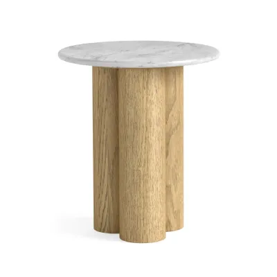 White Marble Top Round Side Table Light Oak Column Base