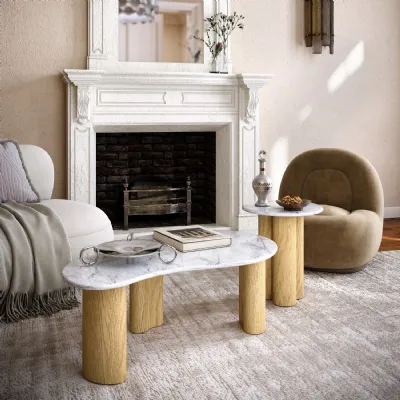 White Marble Teardrop Coffee Table Light Oak Base