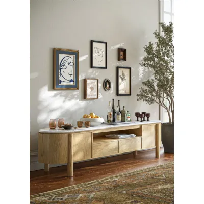 White Marble Top Light Oak 2 Door 2 Drawer Wide TV Unit