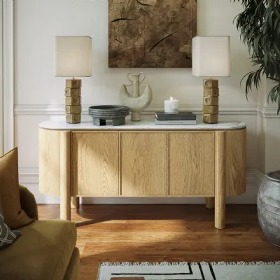 White Marble Top Light Oak 3 Door Large Sideboard