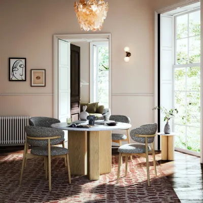 White Marble Top 122cm Round Dining Table Light Oak Base