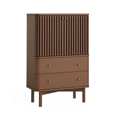 Dark Brown Wood 2 Door 2 Drawer Tall Slatted Shoe Cabinet