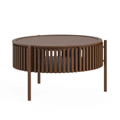 Dark Brown Wood Slatted Round Coffee Table with Door