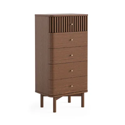 Dark Brown Wood Slatted Chest of 5 Drawers Tallboy