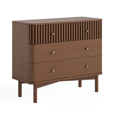 Brown Wood Large Chest of 3 Drawers Slatted Front