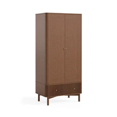 Brown Wood 2 Door Double Wardrobe Slatted Designed 1 Drawer