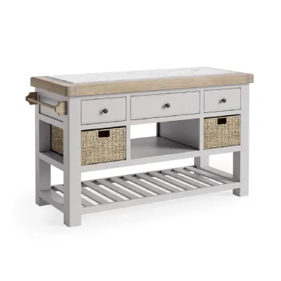 Grey Wood 3 Drawer Kitchen Island with Oak Top and 2 Baskets