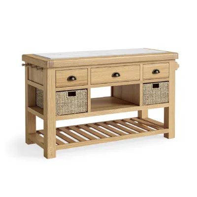 Natural Oak 3 Drawer Large Kitchen Island with 2 Baskets